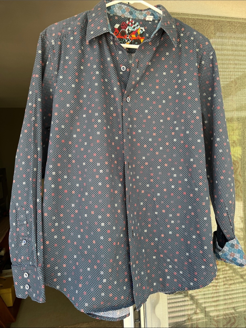 NWOT Robert Graham Navy Button-Down with Multicolor Geometric Embroidery Size L - Picture 9 of 11